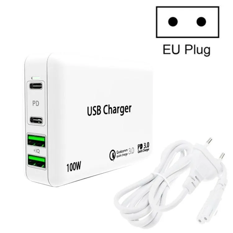 100W 4-Port USB-C and USB Charger with Power Cable for Laptops - Compatible with Apple, Huawei, and Samsung