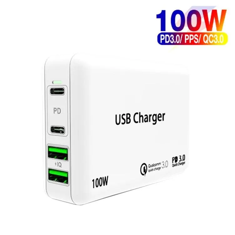 100W 4-Port USB-C and USB Charger with Power Cable for Laptops - Compatible with Apple, Huawei, and Samsung