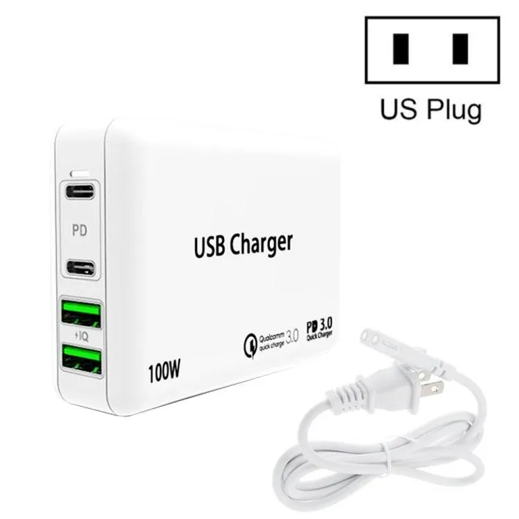 100W 4-Port USB-C and USB Charger with Power Cable for Laptops - Compatible with Apple, Huawei, and Samsung