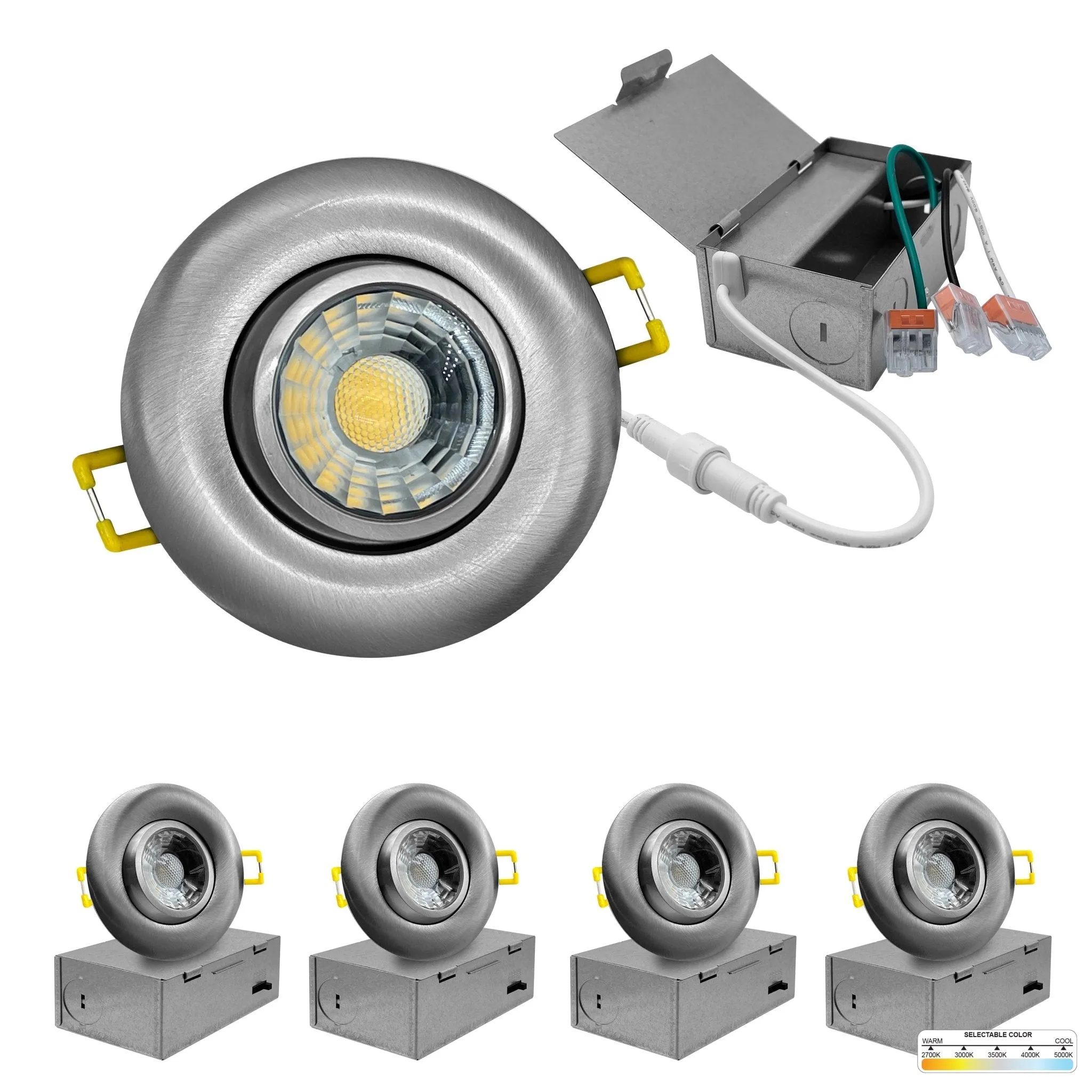 3" Inch Brushed Nickel Gimbal Recessed Light for Sloped Ceiling Canless LED Lighting - Wet Rated - 5CCT 2700K-5000K - 600LM