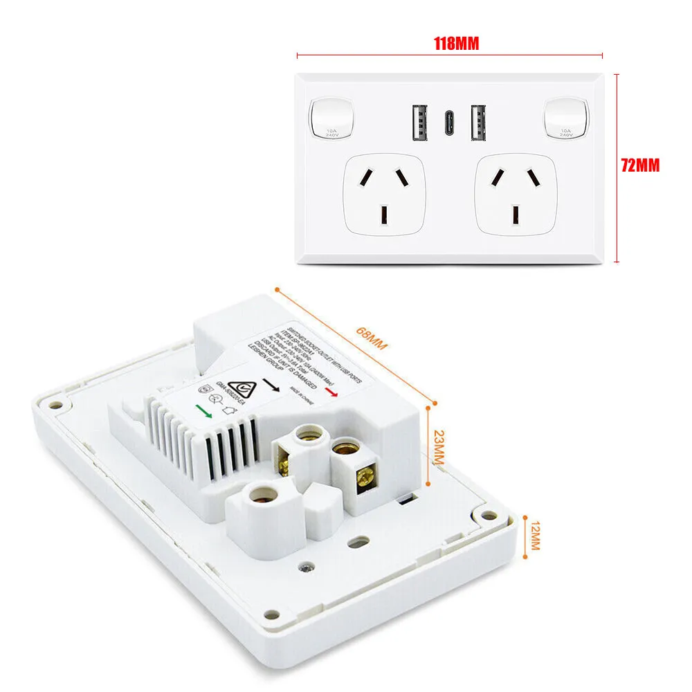 5PCS Dual USB Type-C Wall Outlet, Fire Retardant, 3.6A Charge