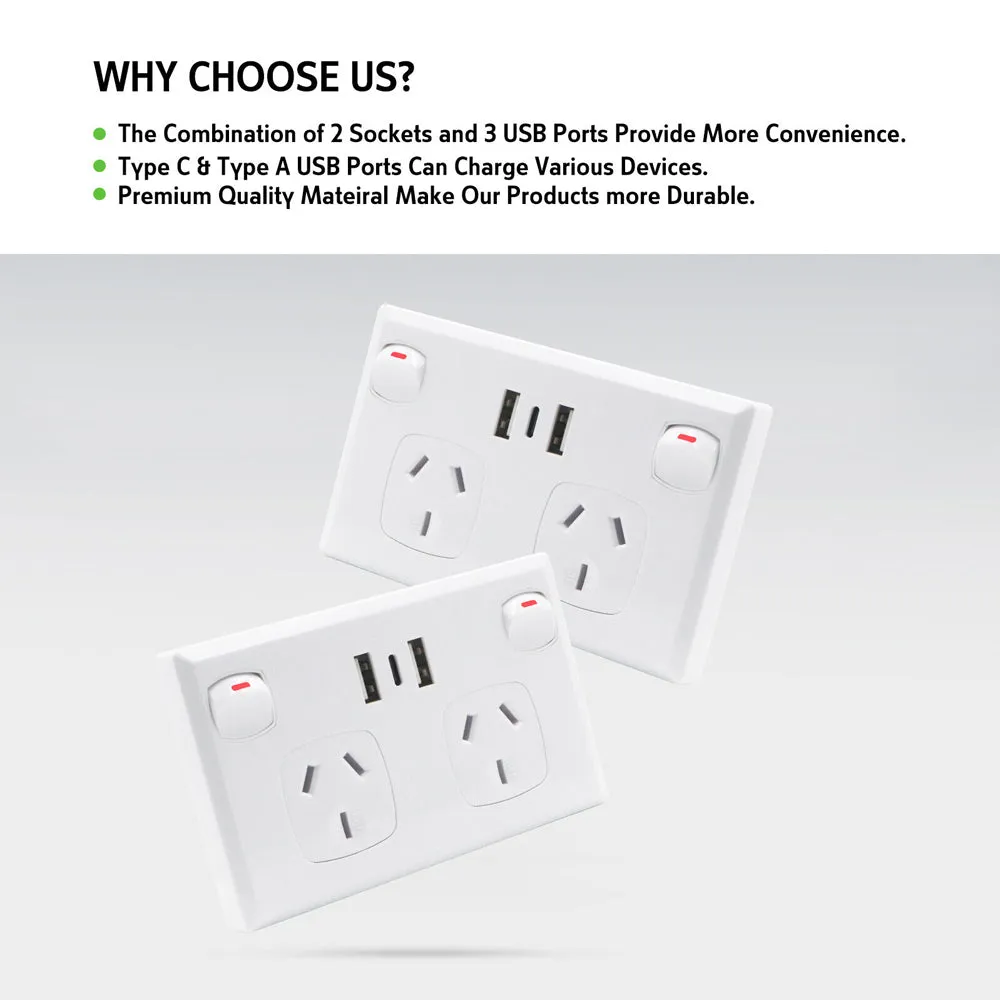 5PCS Dual USB Type-C Wall Outlet, Fire Retardant, 3.6A Charge