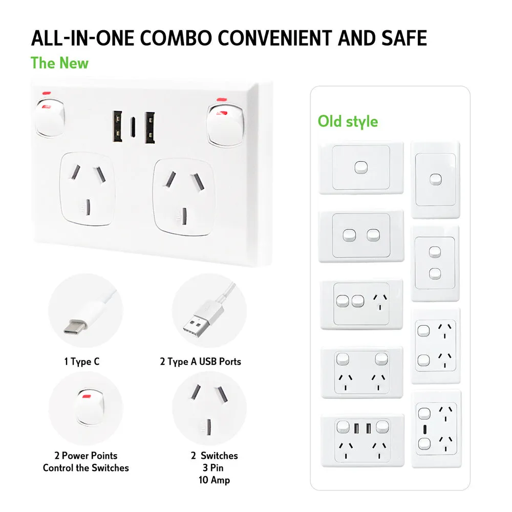 5PCS Dual USB Type-C Wall Outlet, Fire Retardant, 3.6A Charge