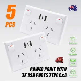 5PCS Dual USB Type-C Wall Outlet, Fire Retardant, 3.6A Charge