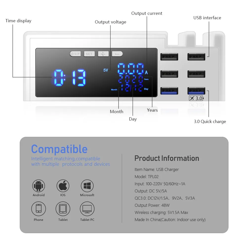 6 Ports QC3.0 USB Charger with LCD Display Charging station Wireless Charger Fast Charging Adapter For iPhone Xiaomi Huawei