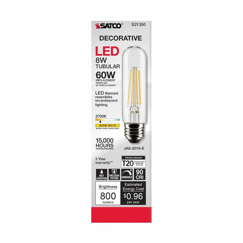 8W T10 LED - Clear - Medium base - 90 CRI - 2700K - 120V - 6-Pack