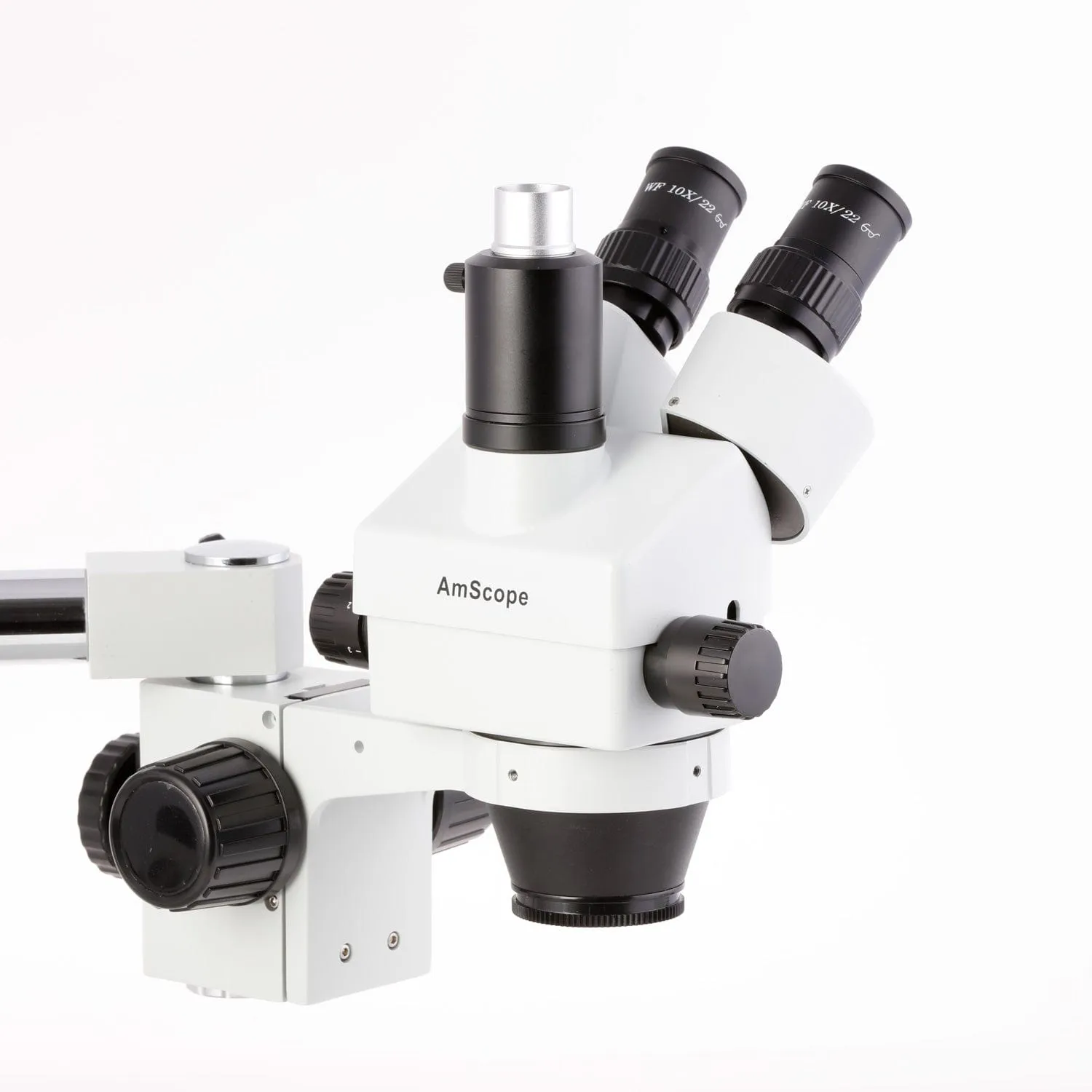 AmScope SM-3 Series Simul-Focal Zoom Trinocular Stereo Microscope with 150W Halogen Dual Fiber Gooseneck Lights and HDMI Camera on Single Arm Boom Stand