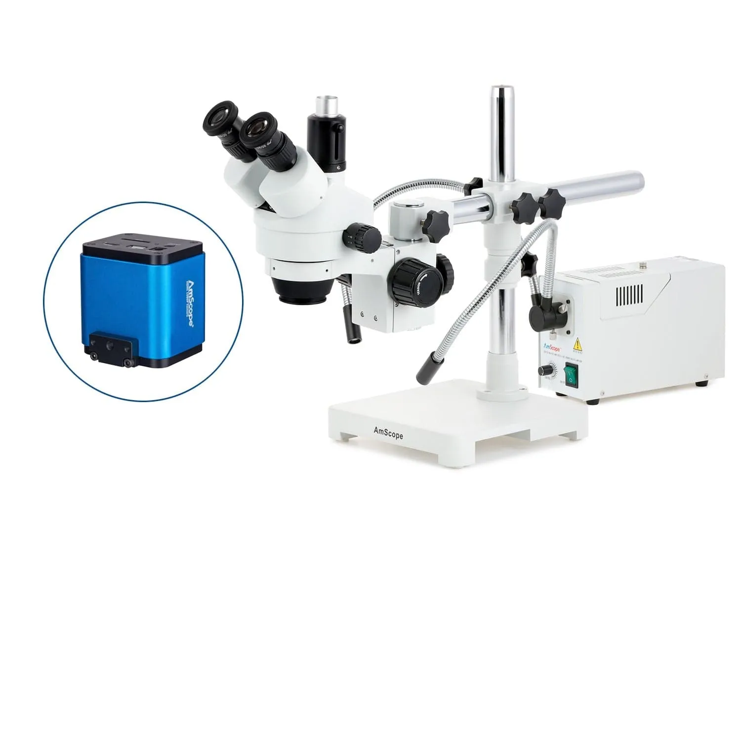 AmScope SM-3 Series Simul-Focal Zoom Trinocular Stereo Microscope with 150W Halogen Dual Fiber Gooseneck Lights and HDMI Camera on Single Arm Boom Stand