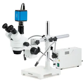 AmScope SM-3 Series Simul-Focal Zoom Trinocular Stereo Microscope with 150W Halogen Dual Fiber Gooseneck Lights and HDMI Camera on Single Arm Boom Stand