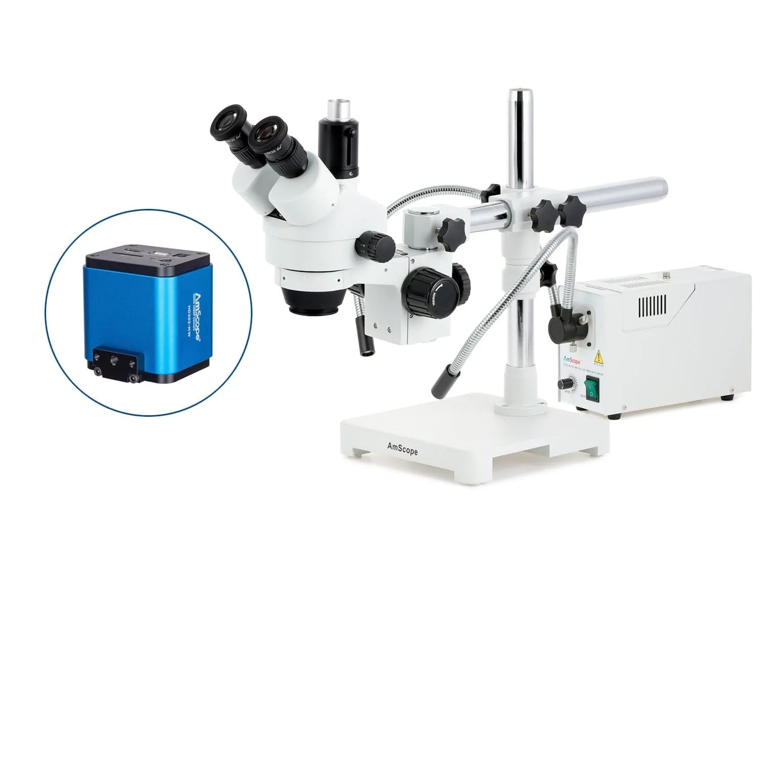 AmScope SM-3 Series Simul-Focal Zoom Trinocular Stereo Microscope with 150W Halogen Dual Fiber Gooseneck Lights and HDMI Camera on Single Arm Boom Stand