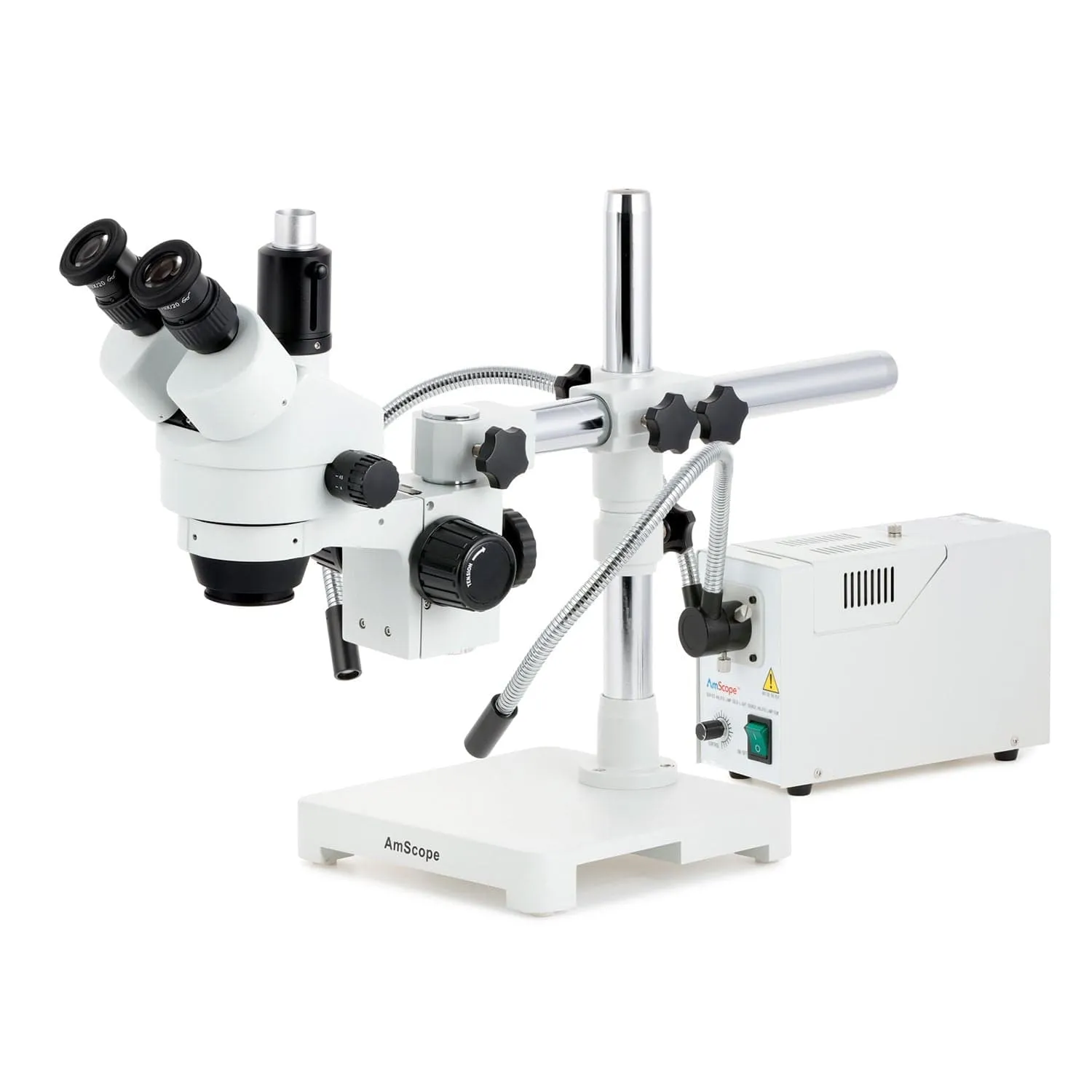 AmScope SM-3 Series Simul-Focal Zoom Trinocular Stereo Microscope with 150W Halogen Dual Fiber Gooseneck Lights and HDMI Camera on Single Arm Boom Stand