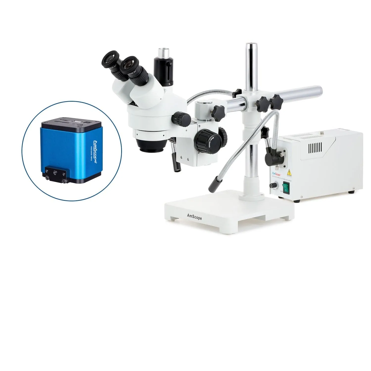 AmScope SM-3 Series Simul-Focal Zoom Trinocular Stereo Microscope with 150W Halogen Dual Fiber Gooseneck Lights and HDMI Camera on Single Arm Boom Stand