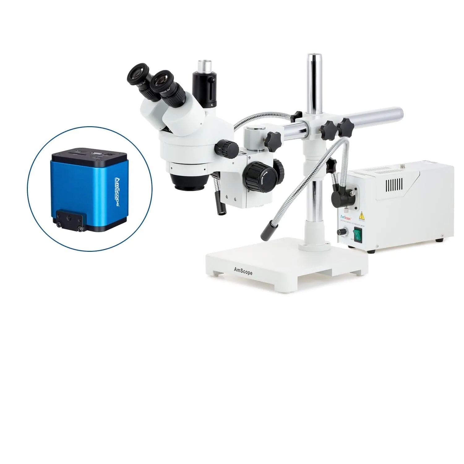 AmScope SM-3 Series Simul-Focal Zoom Trinocular Stereo Microscope with 150W Halogen Dual Fiber Gooseneck Lights and HDMI Camera on Single Arm Boom Stand