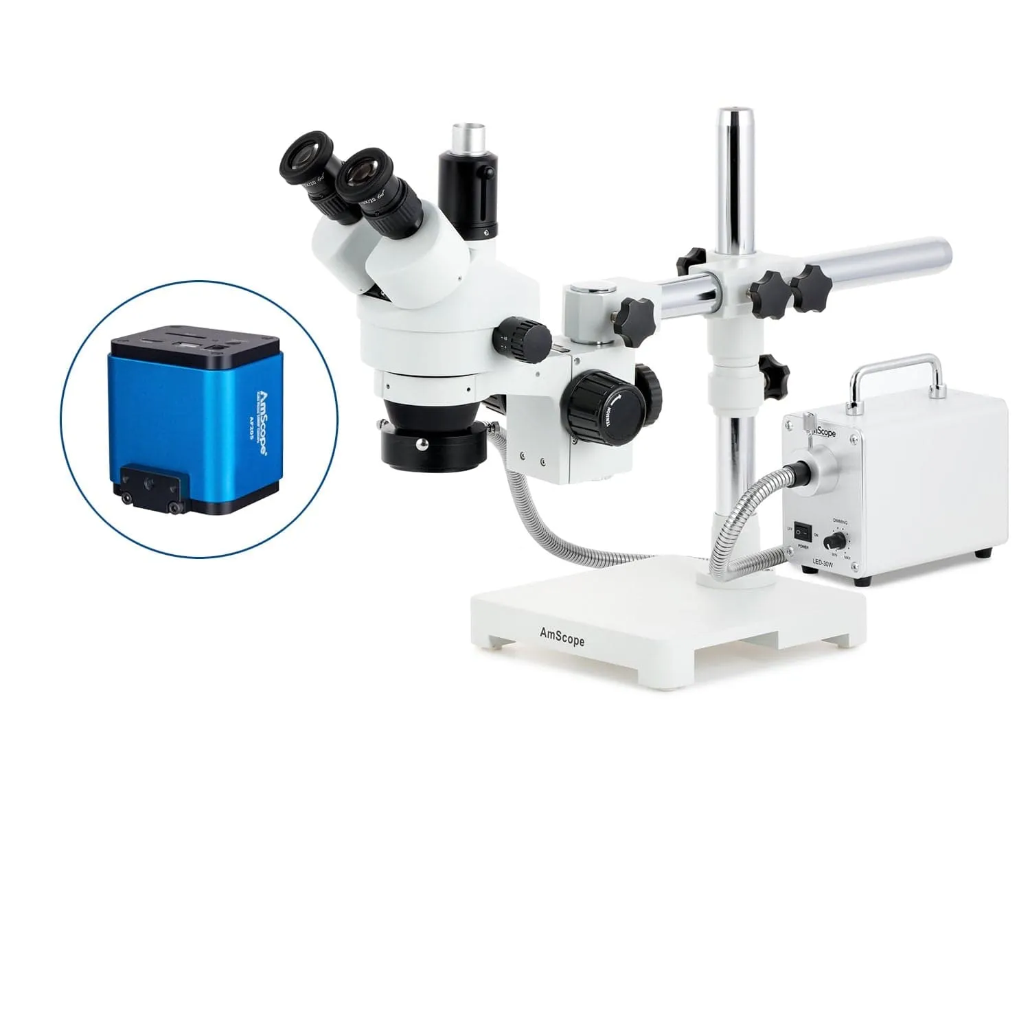 AmScope SM-3 Series Simul-Focal Zoom Trinocular Stereo Microscope with 30W LED Fiber Optic Ring Light and Auto Focus Camera on Single Arm Boom Stand