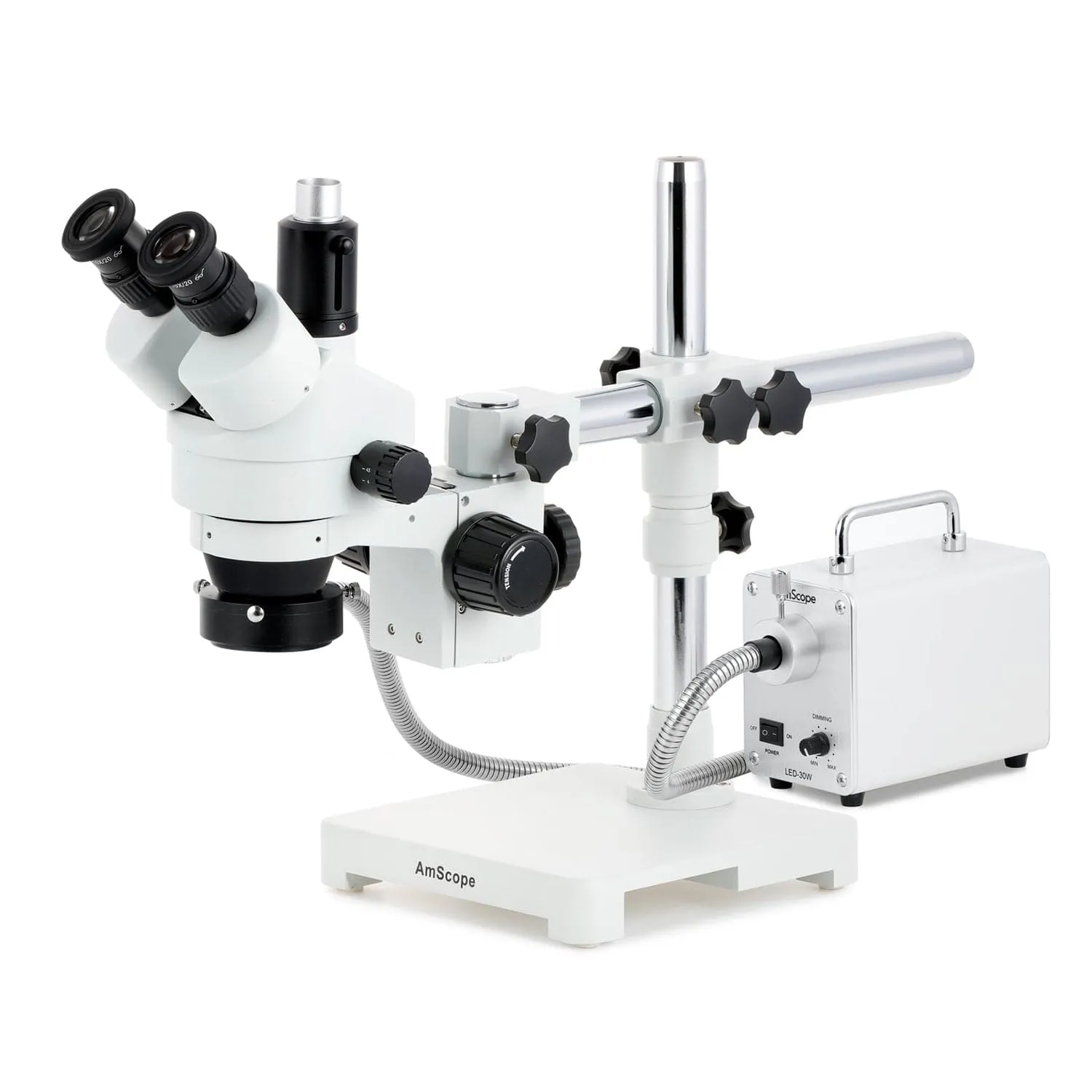 AmScope SM-3 Series Simul-Focal Zoom Trinocular Stereo Microscope with 30W LED Fiber Optic Ring Light and Auto Focus Camera on Single Arm Boom Stand