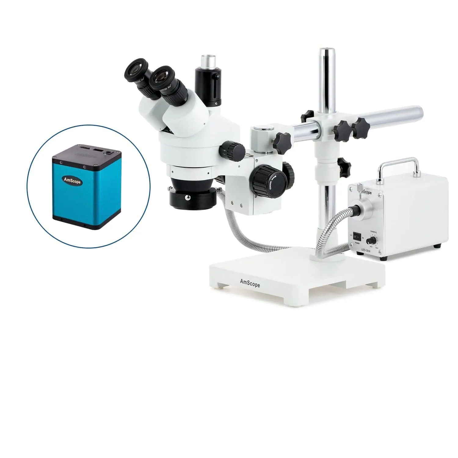 AmScope SM-3 Series Simul-Focal Zoom Trinocular Stereo Microscope with 30W LED Fiber Optic Ring Light and Auto Focus Camera on Single Arm Boom Stand