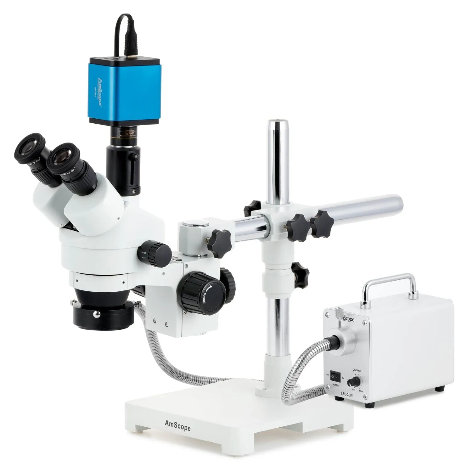 AmScope SM-3 Series Simul-Focal Zoom Trinocular Stereo Microscope with 30W LED Fiber Optic Ring Light and Auto Focus Camera on Single Arm Boom Stand