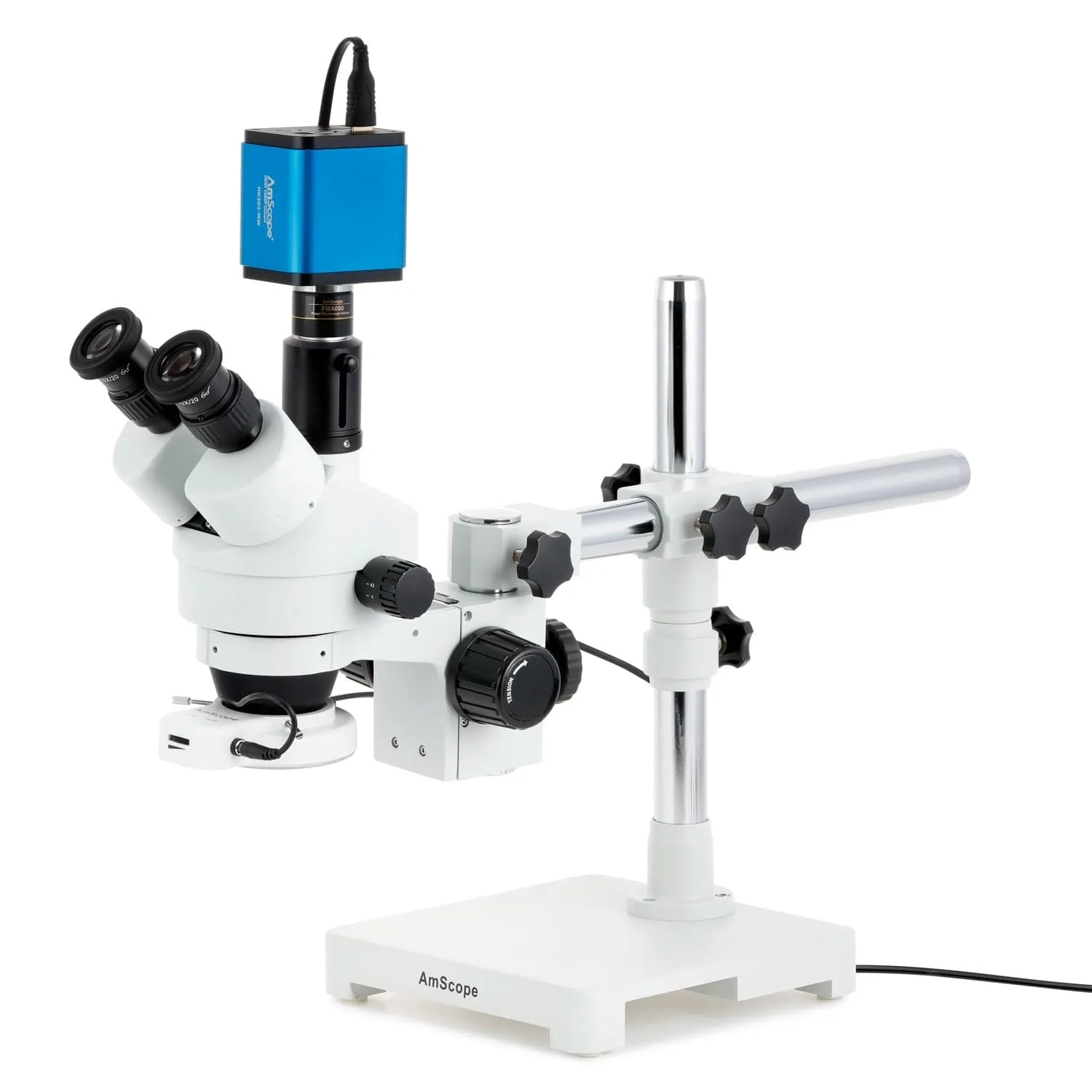 AmScope SM-3 Series Simul-Focal Zoom Trinocular Stereo Microscope with 56 LED Compact Ring Light and HDMI Camera on Single Arm Boom Stand