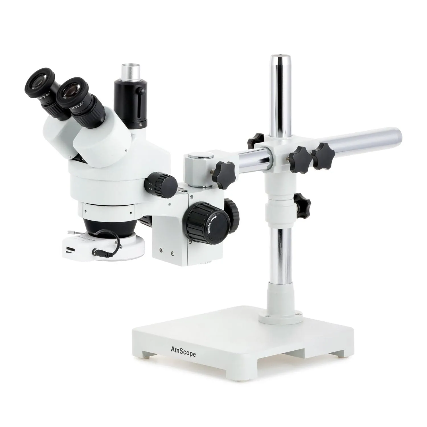 AmScope SM-3 Series Simul-Focal Zoom Trinocular Stereo Microscope with 56 LED Compact Ring Light and HDMI Camera on Single Arm Boom Stand