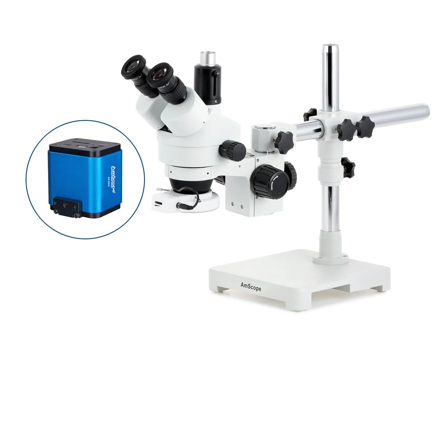 AmScope SM-3 Series Simul-Focal Zoom Trinocular Stereo Microscope with 64 LED Compact Ring Light and Auto Focus Camera on Single Arm Boom Stand