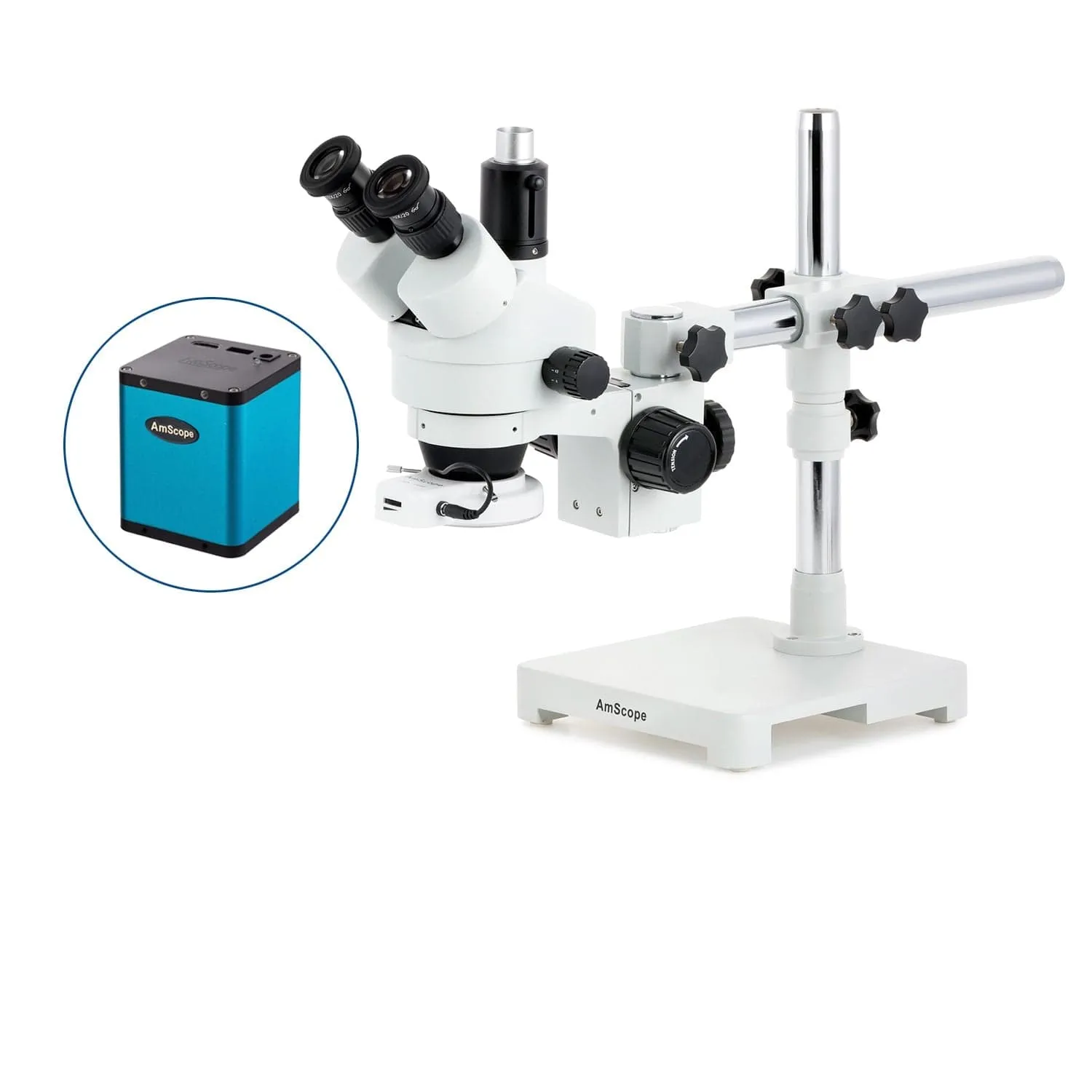 AmScope SM-3 Series Simul-Focal Zoom Trinocular Stereo Microscope with 64 LED Compact Ring Light and Auto Focus Camera on Single Arm Boom Stand