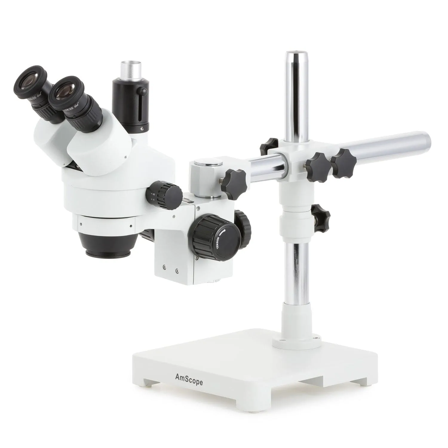 AmScope SM-3 Series Simul-Focal Zoom Trinocular Stereo Microscope with 64 LED Compact Ring Light and Auto Focus Camera on Single Arm Boom Stand