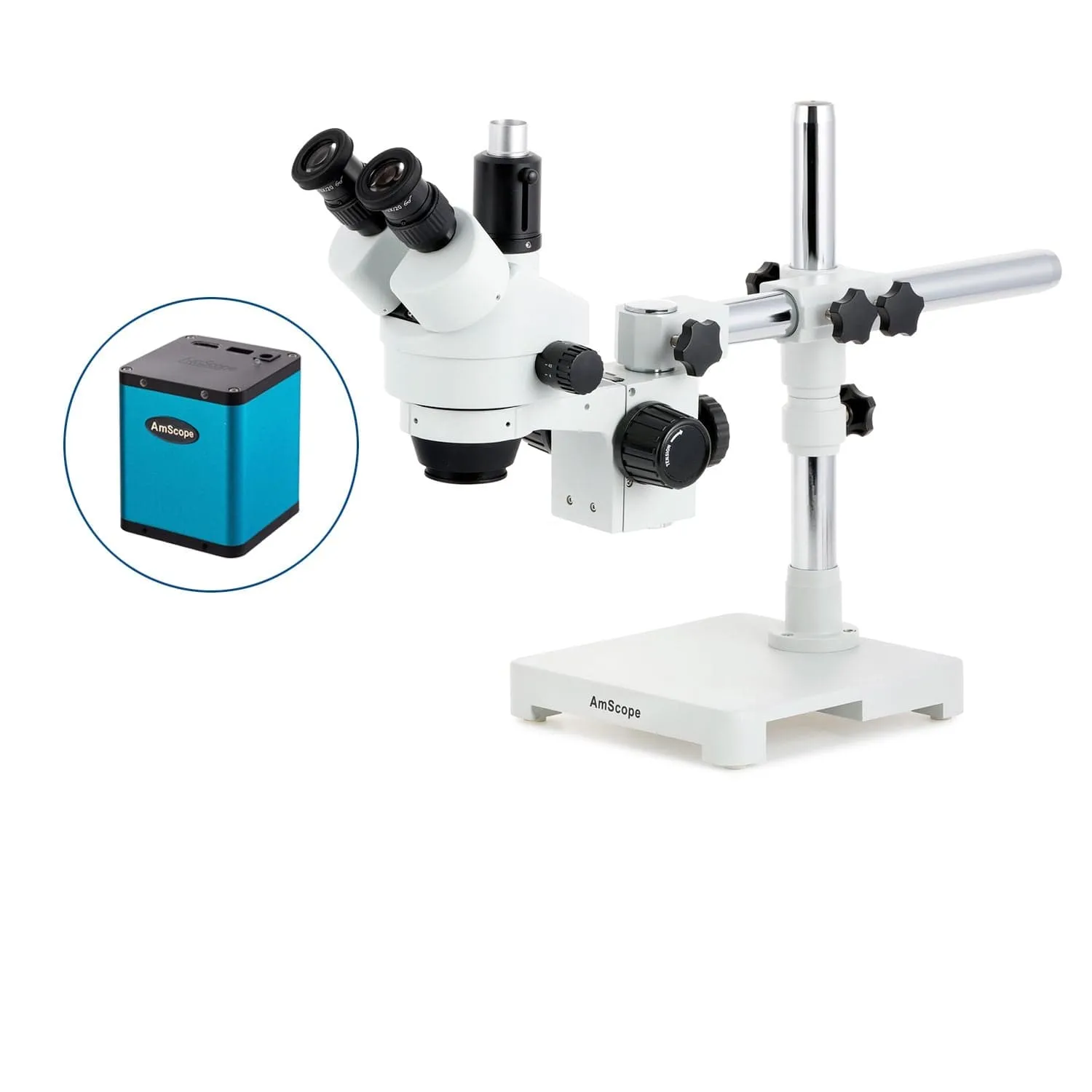 AmScope SM-3 Series Simul-Focal Zoom Trinocular Stereo Microscope with Auto Focus Camera on Single Arm Boom Stand