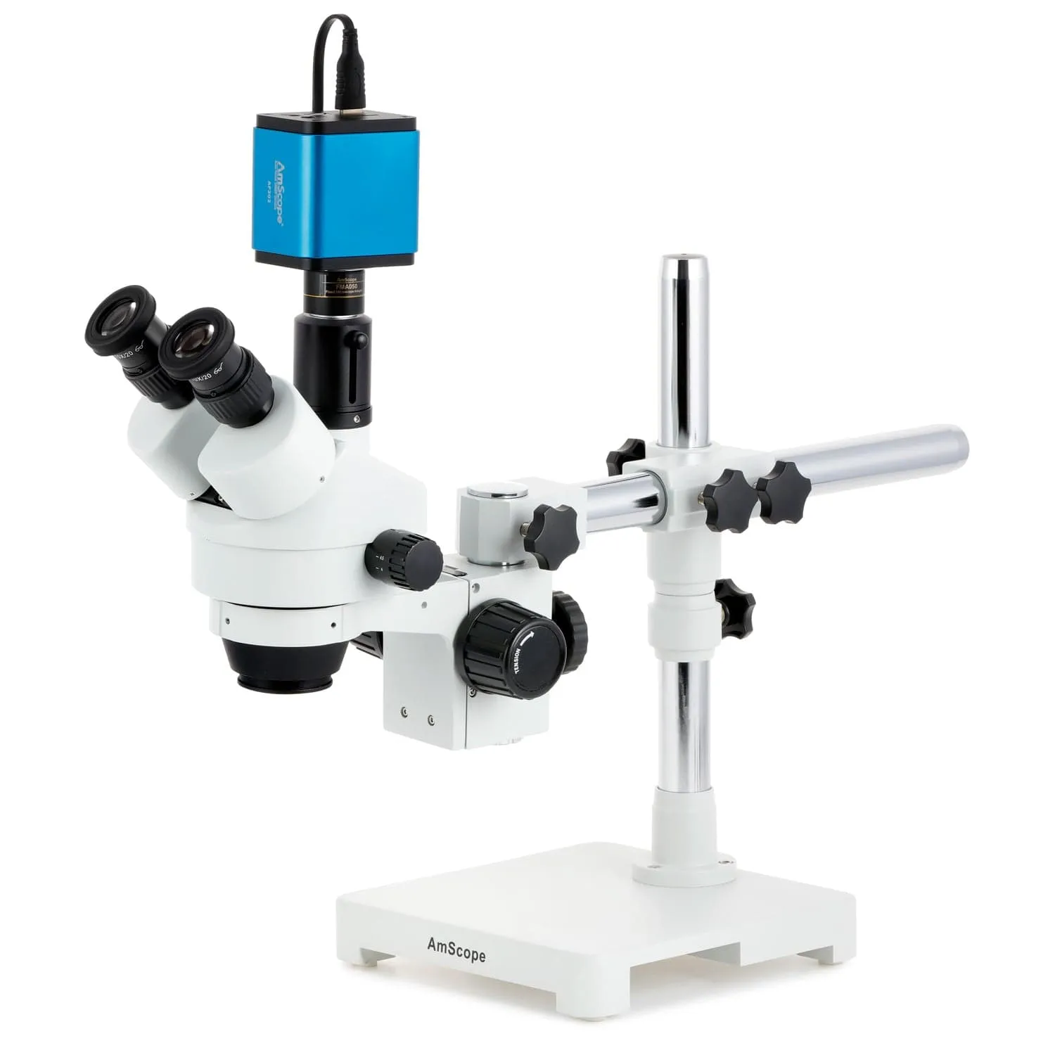 AmScope SM-3 Series Simul-Focal Zoom Trinocular Stereo Microscope with Auto Focus Camera on Single Arm Boom Stand