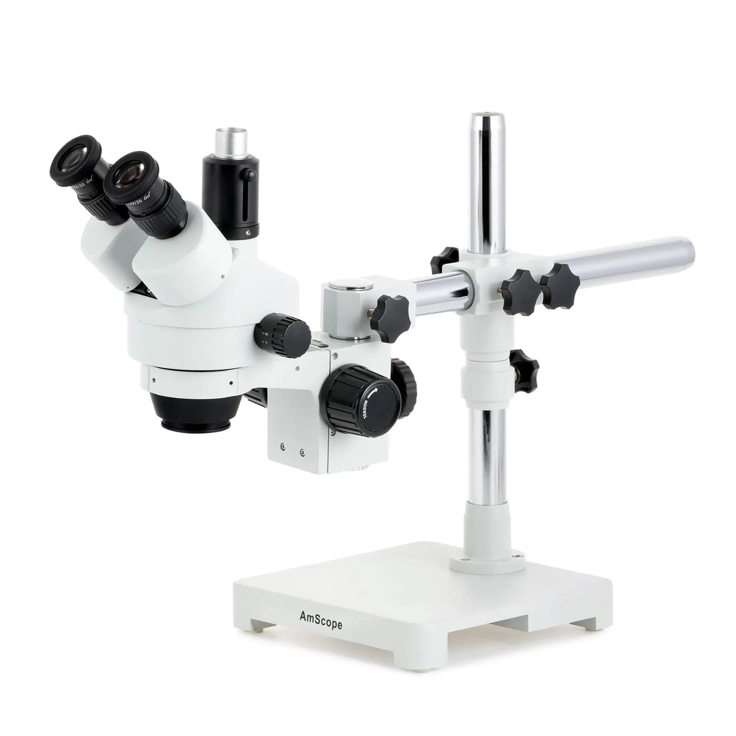 AmScope SM-3 Series Simul-Focal Zoom Trinocular Stereo Microscope with Auto Focus Camera on Single Arm Boom Stand