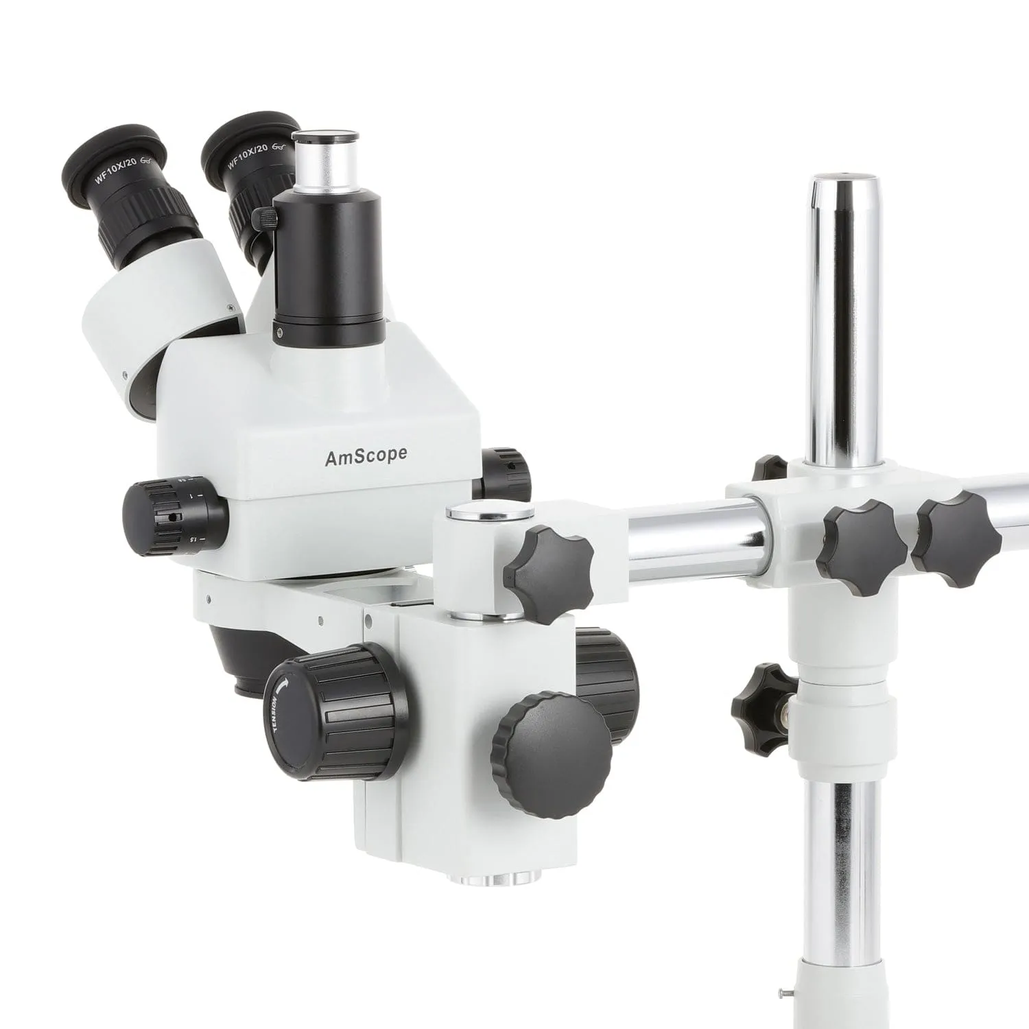 AmScope SM-3 Series Zoom Trinocular Stereo Microscope with 144 LED Compact Ring Light and Auto Focus Camera on Single Arm Boom Stand