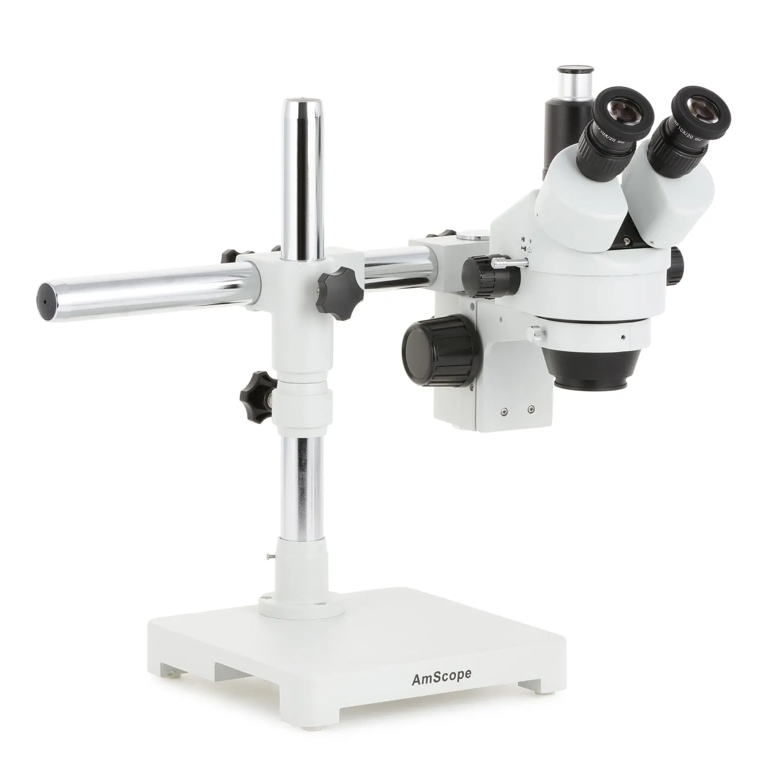 AmScope SM-3 Series Zoom Trinocular Stereo Microscope with 144 LED Compact Ring Light and Auto Focus Camera on Single Arm Boom Stand