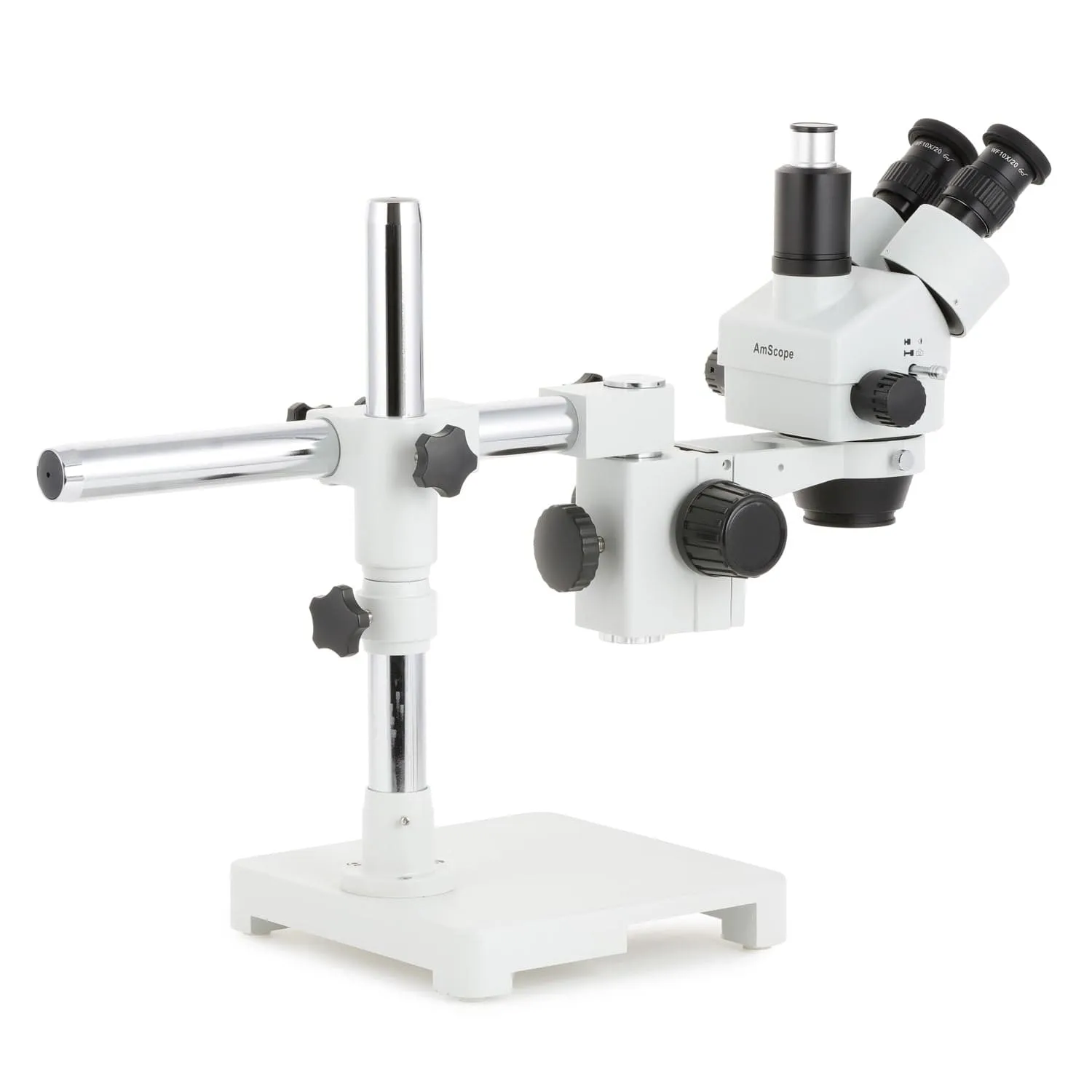 AmScope SM-3 Series Zoom Trinocular Stereo Microscope with 144 LED Compact Ring Light and Auto Focus Camera on Single Arm Boom Stand