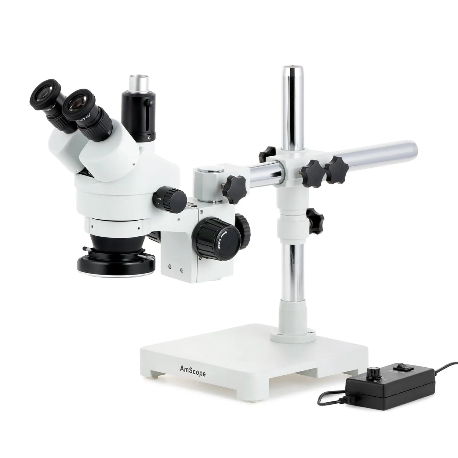 AmScope SM-3 Series Zoom Trinocular Stereo Microscope with 144 LED Ring Light and Auto Focus Camera on Single Arm Boom Stand