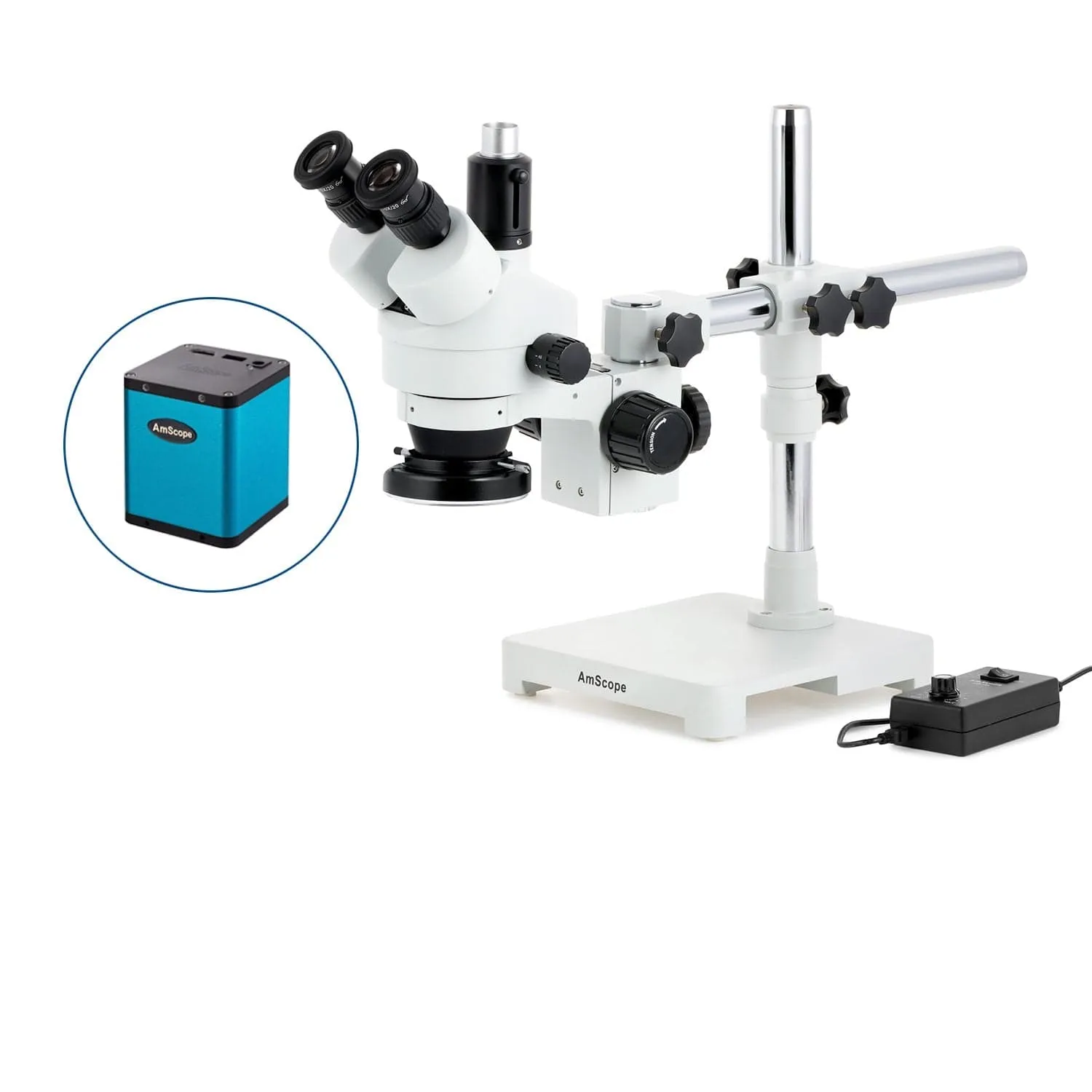 AmScope SM-3 Series Zoom Trinocular Stereo Microscope with 144 LED Ring Light and Auto Focus Camera on Single Arm Boom Stand