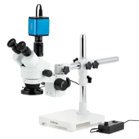 AmScope SM-3 Series Zoom Trinocular Stereo Microscope with 144 LED Ring Light and Auto Focus Camera on Single Arm Boom Stand