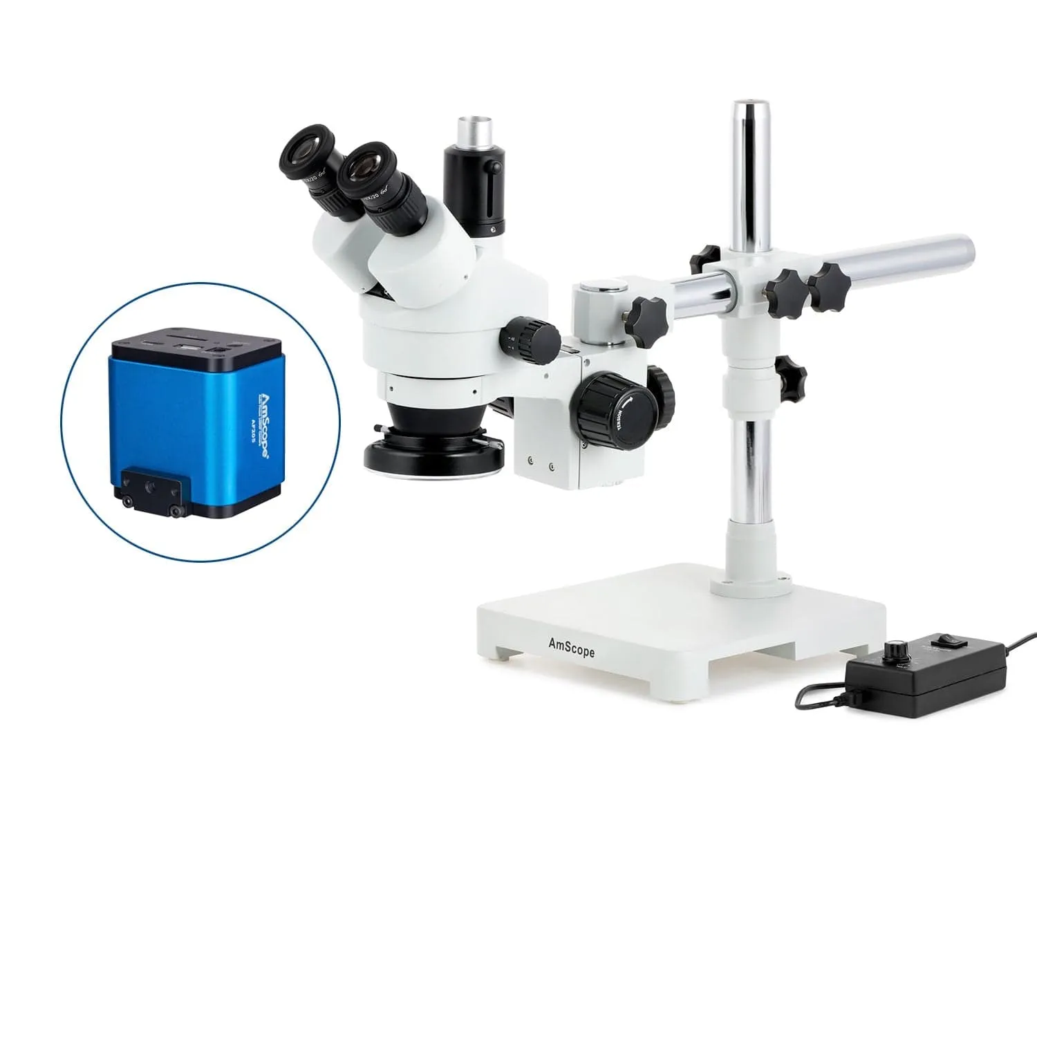 AmScope SM-3 Series Zoom Trinocular Stereo Microscope with 144 LED Ring Light and Auto Focus Camera on Single Arm Boom Stand