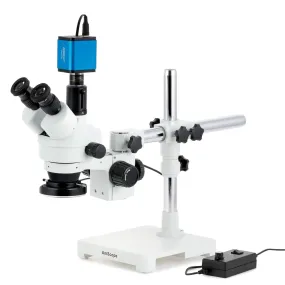 AmScope SM-3 Series Zoom Trinocular Stereo Microscope with 144 LED Ring Light and HDMI Camera on Single Arm Boom Stand