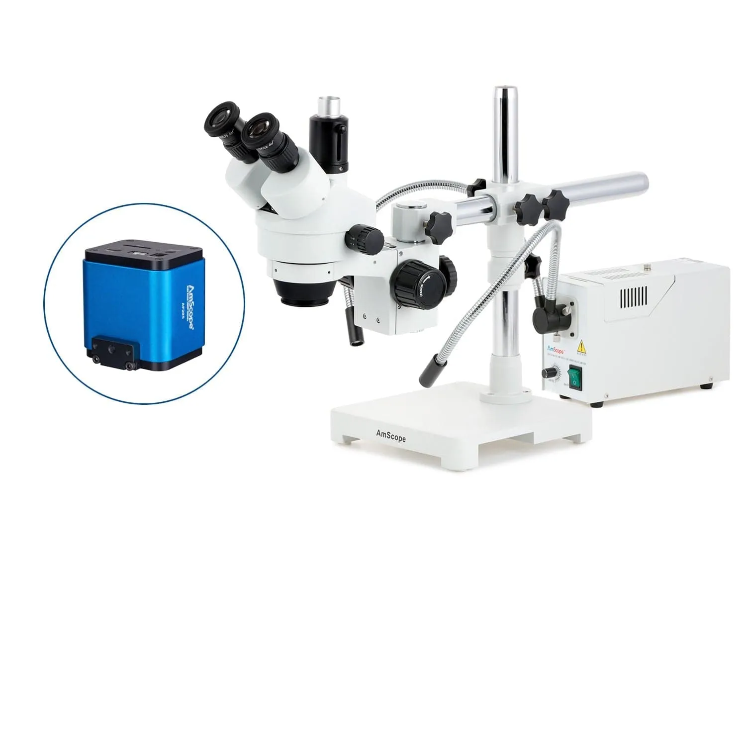 AmScope SM-3 Series Zoom Trinocular Stereo Microscope with 150W Halogen Dual Fiber Gooseneck Lights and Auto Focus Camera on Single Arm Boom Stand