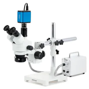 AmScope SM-3 Series Zoom Trinocular Stereo Microscope with 30W LED Fiber Optic Ring Light and HDMI Camera on Single Arm Boom Stand