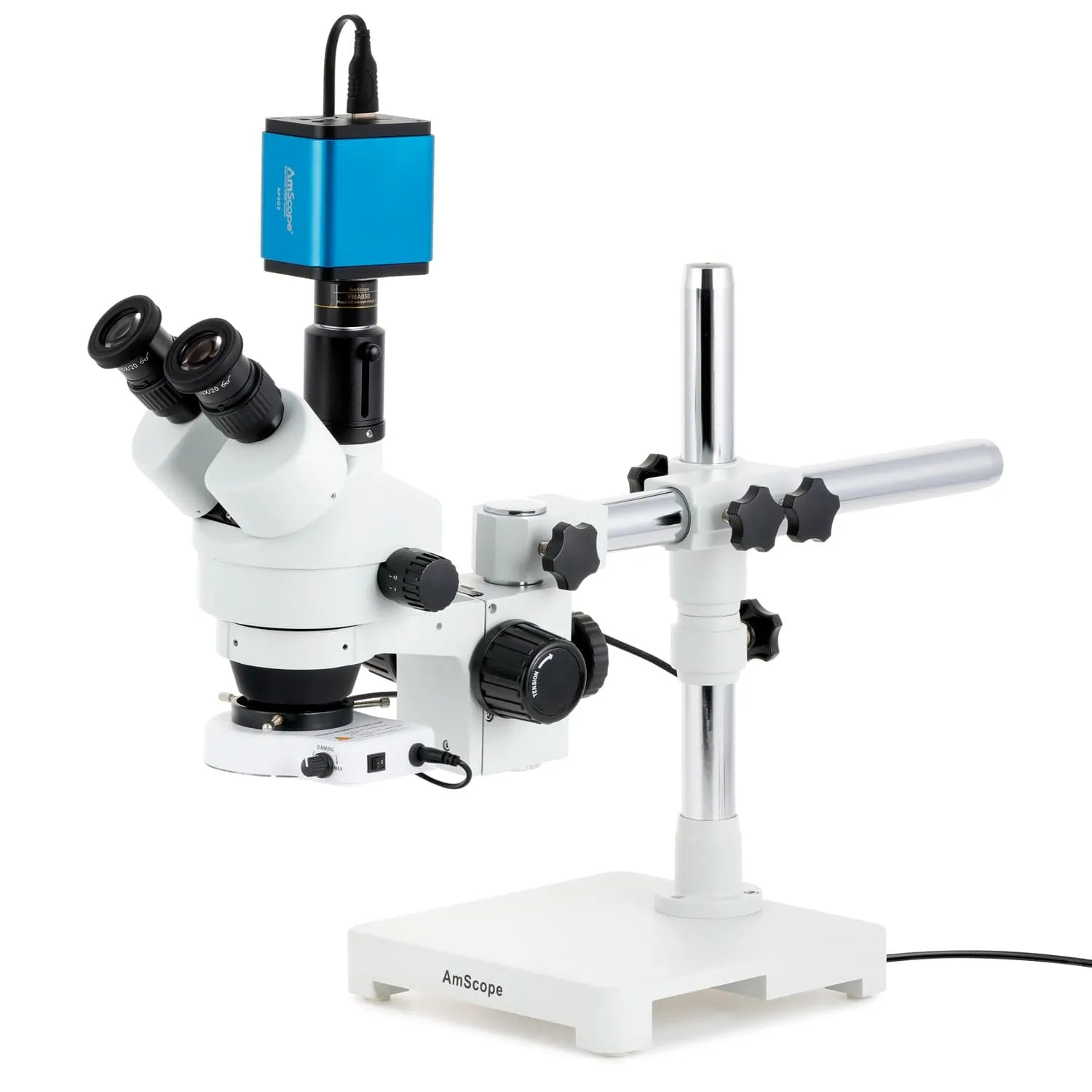 AmScope SM-3 Series Zoom Trinocular Stereo Microscope with 80 LED Compact Ring Light and Auto Focus Camera on Single Arm Boom Stand