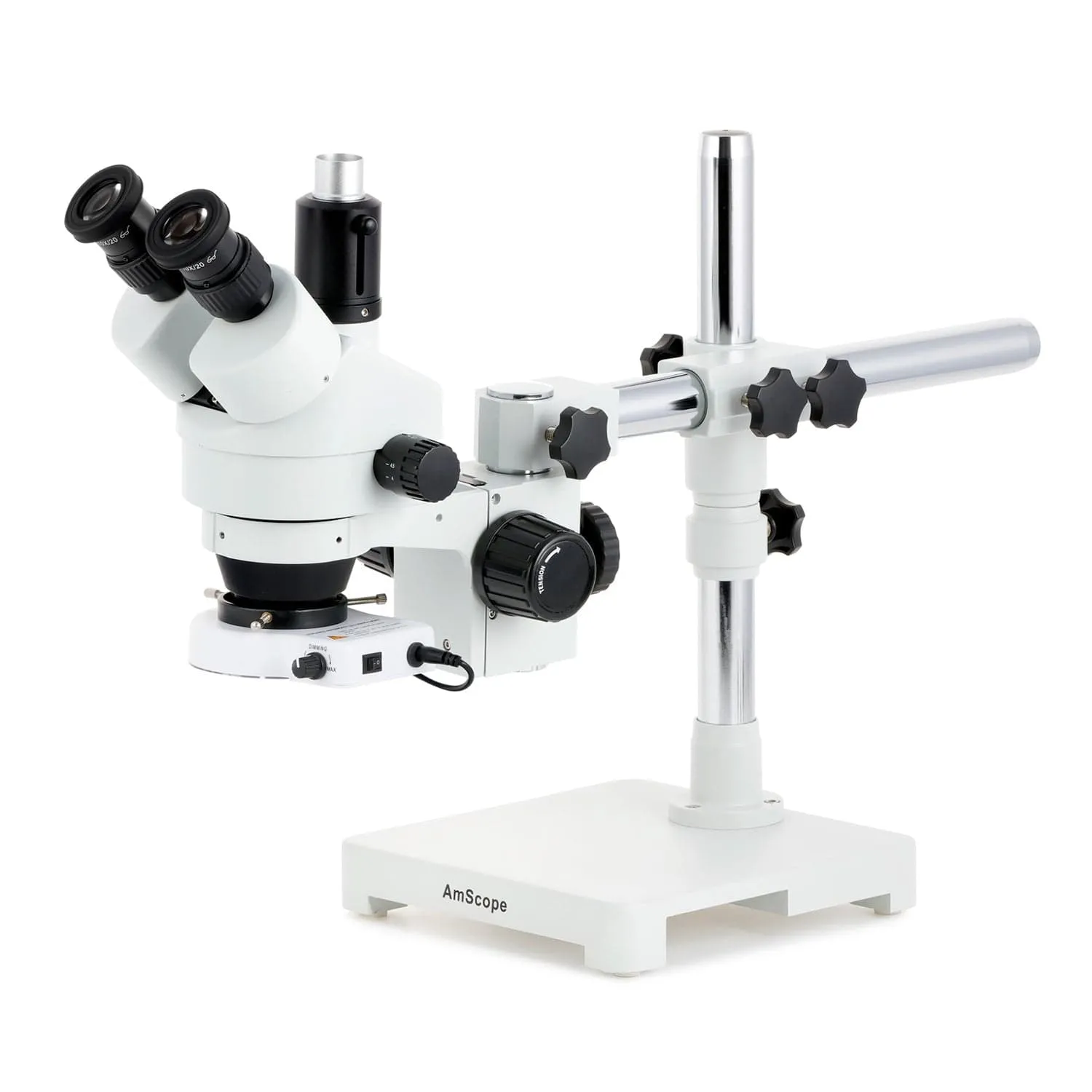 AmScope SM-3 Series Zoom Trinocular Stereo Microscope with 80 LED Compact Ring Light and Auto Focus Camera on Single Arm Boom Stand