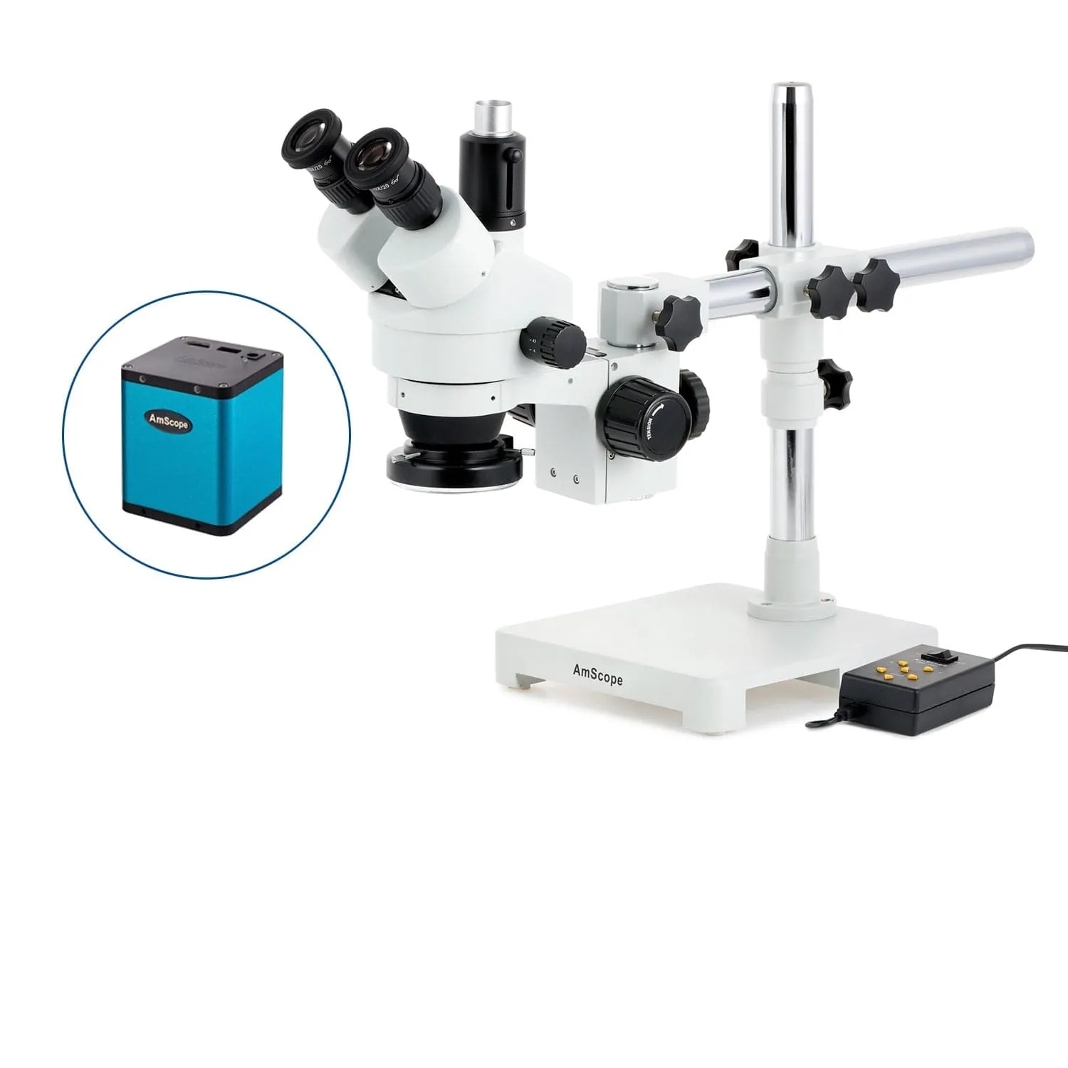 AmScope SM-3 Series Zoom Trinocular Stereo Microscope with Multi-Zone 144 LED and Auto Focus Camera on Single Arm Boom Stand