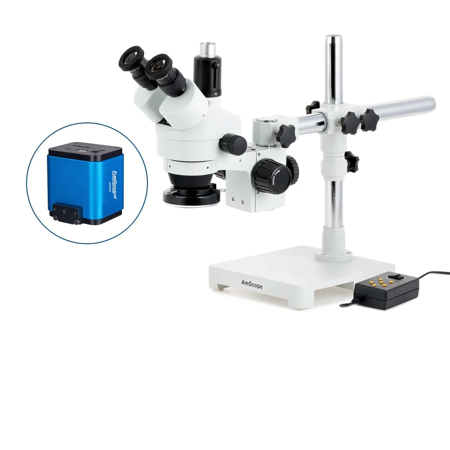 AmScope SM-3 Series Zoom Trinocular Stereo Microscope with Multi-Zone 144 LED and Auto Focus Camera on Single Arm Boom Stand