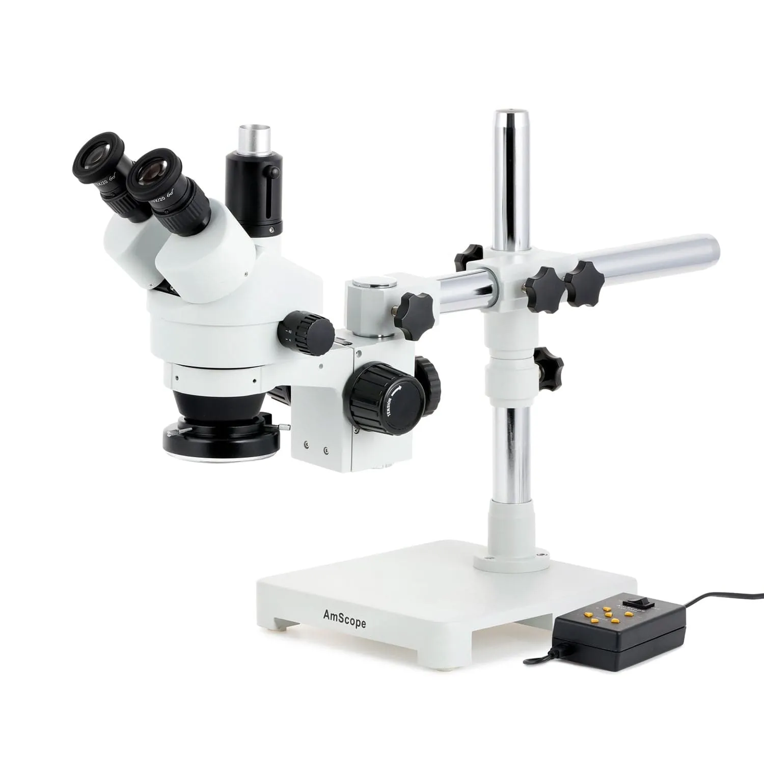 AmScope SM-3 Series Zoom Trinocular Stereo Microscope with Multi-Zone 144 LED and Auto Focus Camera on Single Arm Boom Stand