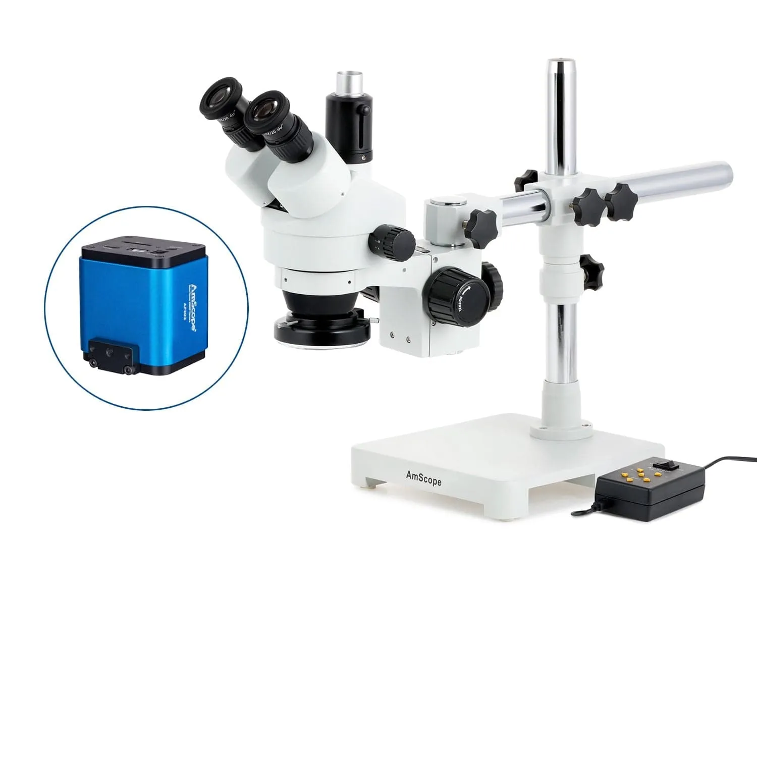 AmScope SM-3 Series Zoom Trinocular Stereo Microscope with Multi-Zone 144 LED and Auto Focus Camera on Single Arm Boom Stand