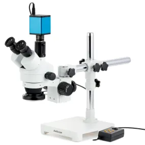 AmScope SM-3 Series Zoom Trinocular Stereo Microscope with Multi-Zone 144 LED and Auto Focus Camera on Single Arm Boom Stand