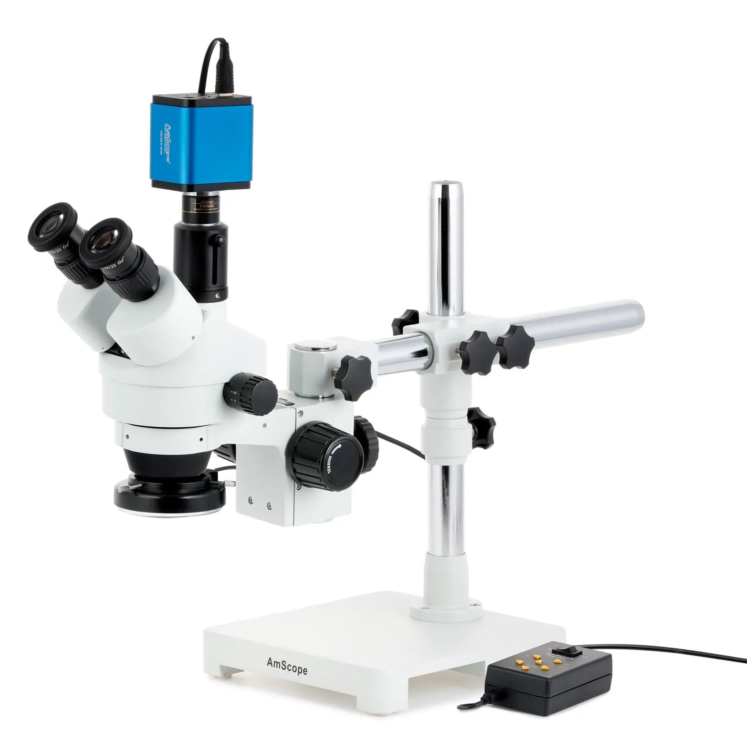 AmScope SM-3 Series Zoom Trinocular Stereo Microscope with Multi-Zone 144 LED and HDMI Camera on Single Arm Boom Stand