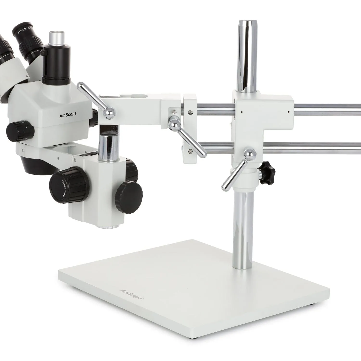 AmScope SM-4 Series Simul-Focal Zoom Trinocular Stereo Microscope with 150W Halogen Dual Gooseneck & Ring Lights and Auto Focus Camera on Double Arm Boom Stand