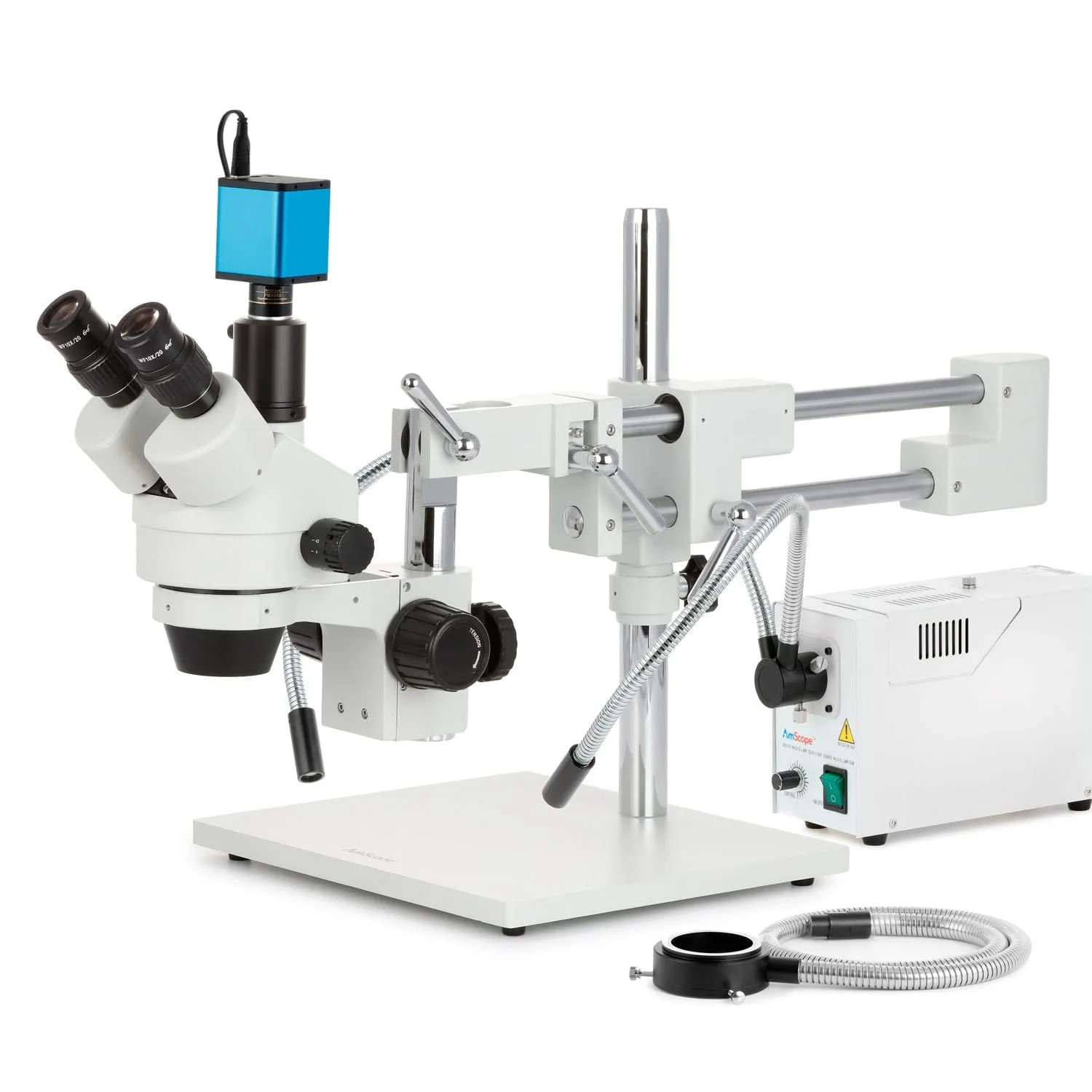 AmScope SM-4 Series Simul-Focal Zoom Trinocular Stereo Microscope with 150W Halogen Dual Gooseneck & Ring Lights and Auto Focus Camera on Double Arm Boom Stand