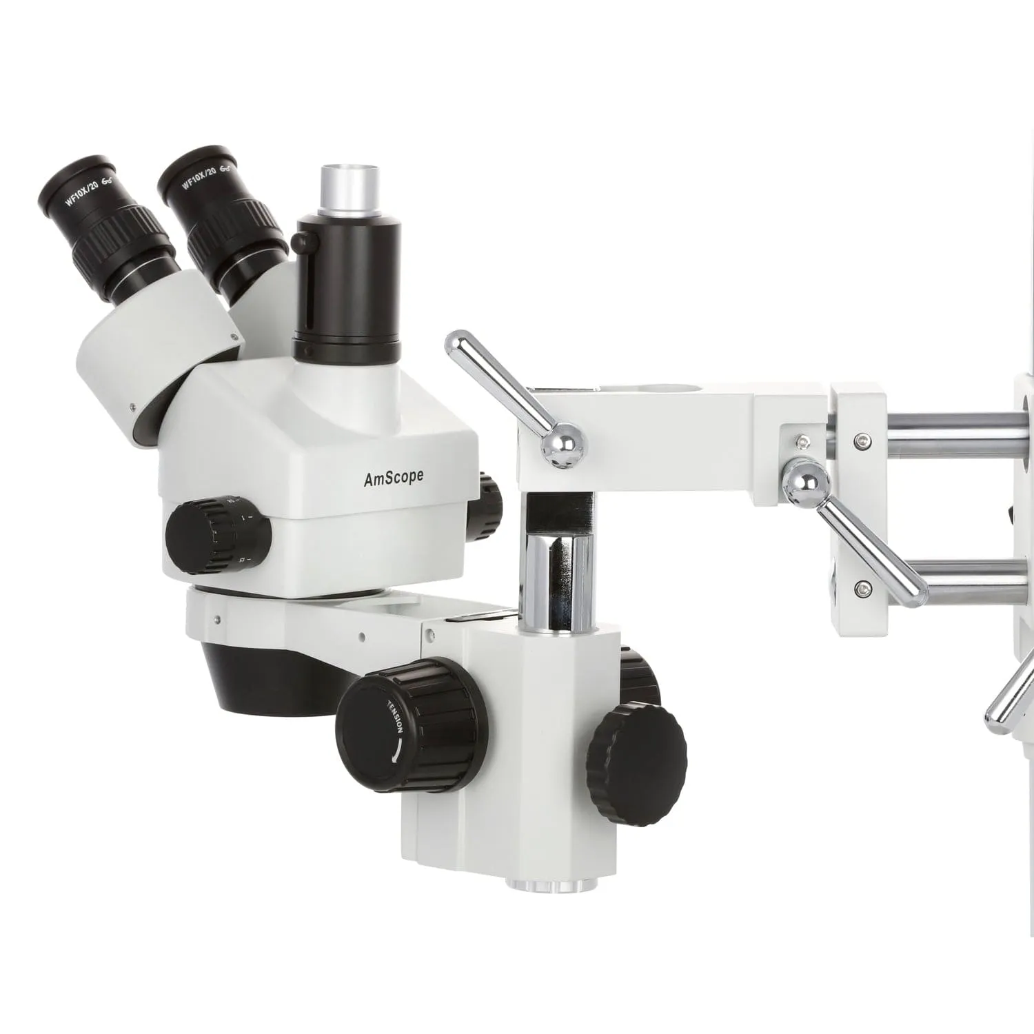 AmScope SM-4 Series Simul-Focal Zoom Trinocular Stereo Microscope with 150W Halogen Dual Gooseneck & Ring Lights and Auto Focus Camera on Double Arm Boom Stand